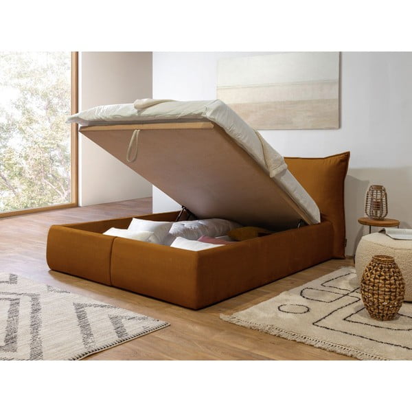 Okera dzeltena samta polsterēta divguļamā gulta ar uzglabāšanas vietu un režģi 160x200 cm Jade – Bobochic Paris-image-4