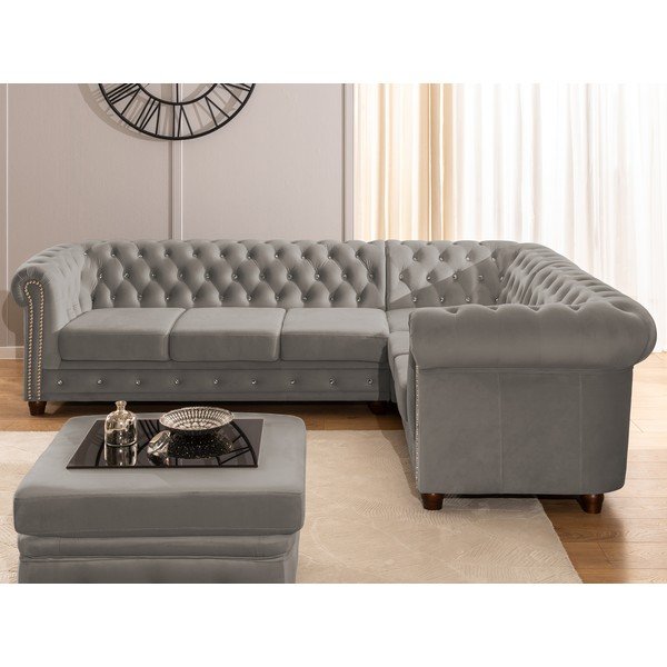 Pelēks samta salokāms stūra dīvāns (ar labo stūri/L veida) York Blik – Ropez-image-4