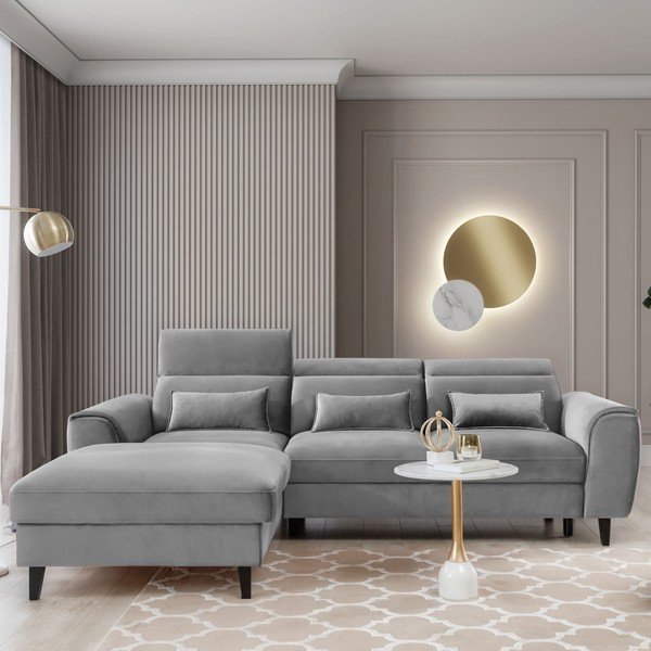 Pelēks samta salokāms/ar uzglabāšanas vietu stūra dīvāns (ar kreiso stūri/ar zvilni) Foble – ELTAP-image-1