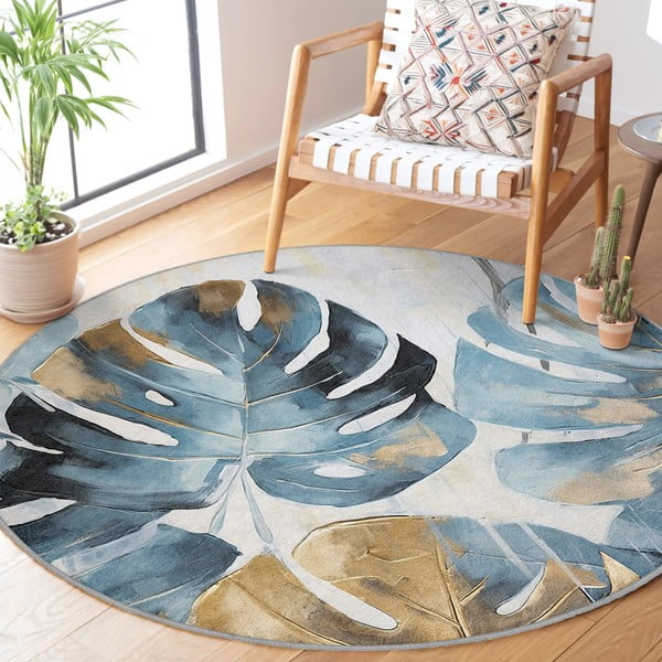 Zils mazgājams apaļš paklājs ø 120 cm Golden Leaves – Mila Home-image-2