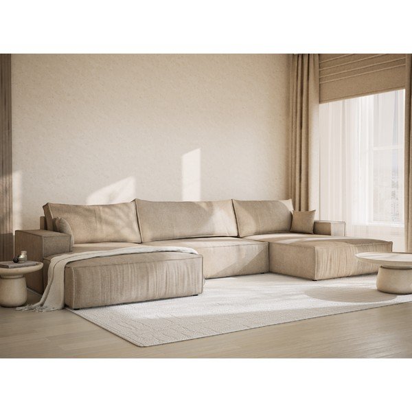 Bēšs salokāms (U veida) stūra dīvāns no šenila auduma ar uzglabāšanas vietu Kyoto – Maison de Rêve-image-1