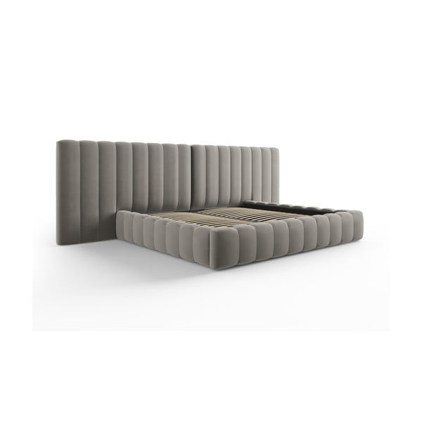 Pelēka polsterēta divvietīga gulta ar veļas kasti un režģi 200x200 cm Gina – Milo Casa