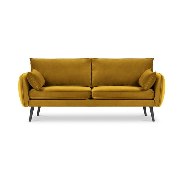 Dzeltens samta dīvāns ar melnām kājām Kooko Home Lento, 198 cm