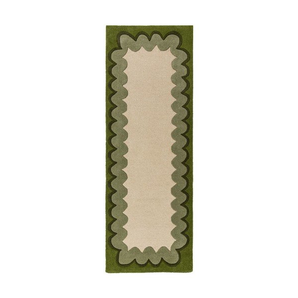 Zaļš/dabīga toņa ar rokām darināts vilnas celiņa paklājs 80x230 cm Wiggle Wool – Flair Rugs