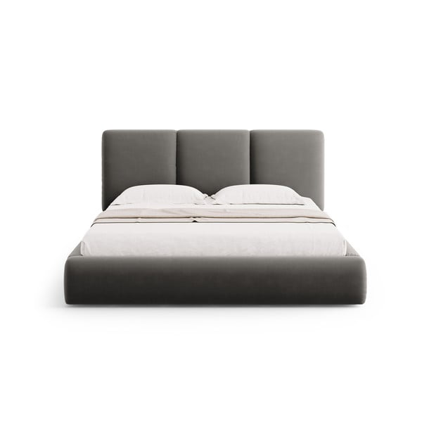 Pelēka samta polsterēta divvietīga gulta ar veļas kasti un redelēm 140x200 cm Brody – Mazzini Beds-image-3