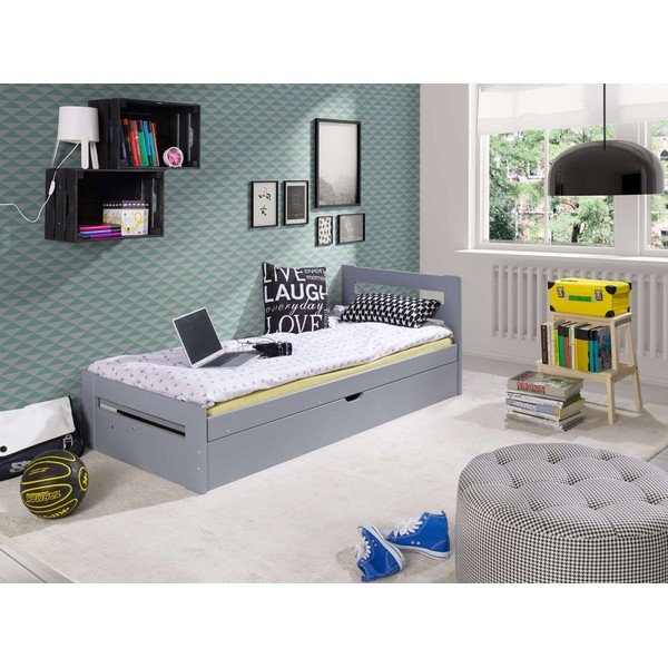 Pelēka bērnu gulta no priedes koka ar glabāšanas vietu 90x200 cm Nela – Lano Meble-image-1
