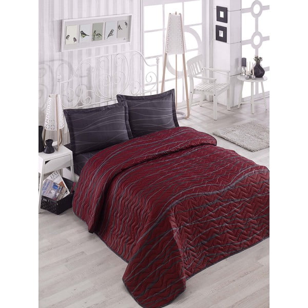 Bordo sarkans stepēts divvietīgas gultas pārklājs un 2 spilvendrānas Verda – Mijolnir