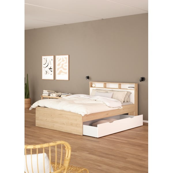 Dabīga toņa divvietīga gulta ar ozolkoka imitāciju bez režģa un ar veļas kasti 160x200 cm Ikast – Tvilum-image-1