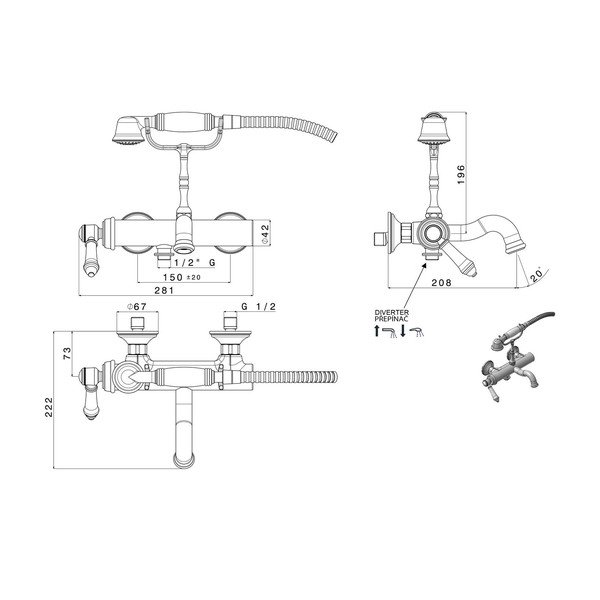 Spīdīgas sudraba krāsas sienas jaucējkrāns vannai (ar 2 izvadiem) Vienna – Sapho-image-1