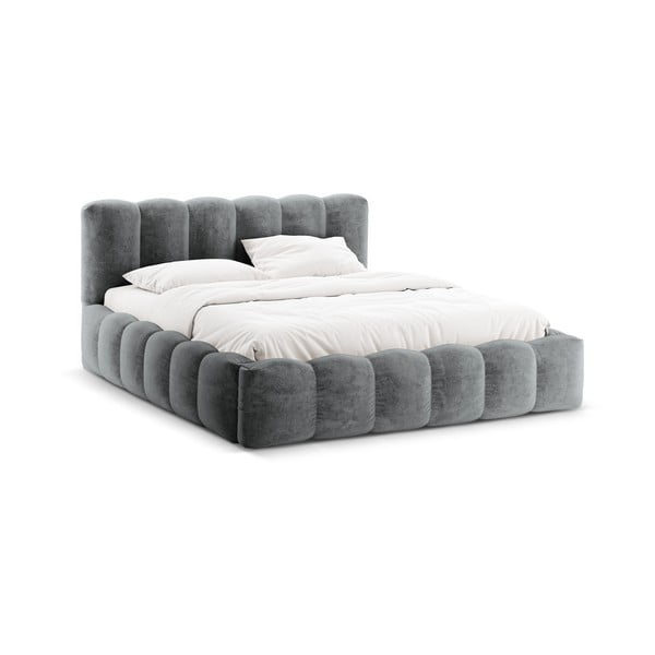 Pelēka polsterēta divvietīga gulta ar veļas kasti un redelēm 160x200 cm Lupine – Micadoni Home-image-3