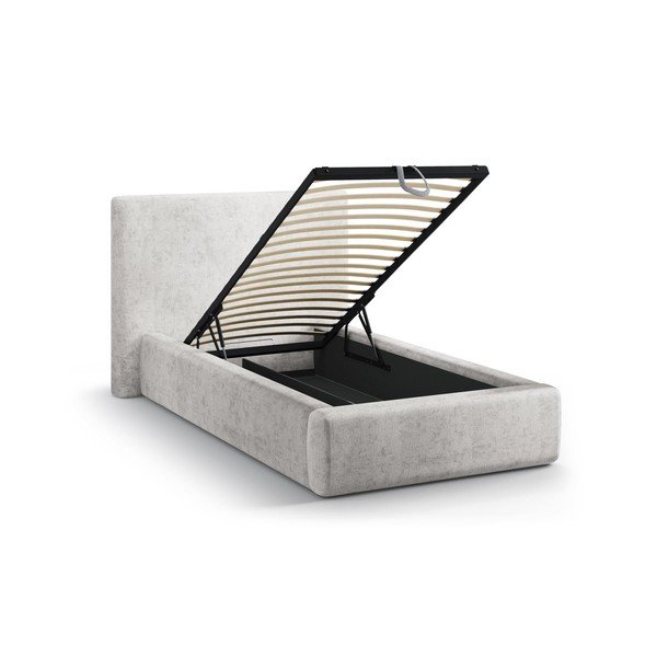 Gaiši pelēka polsterēta vienvietīga gulta ar veļas kasti un redelēm 90x200 cm Amy – Micadoni -image-1