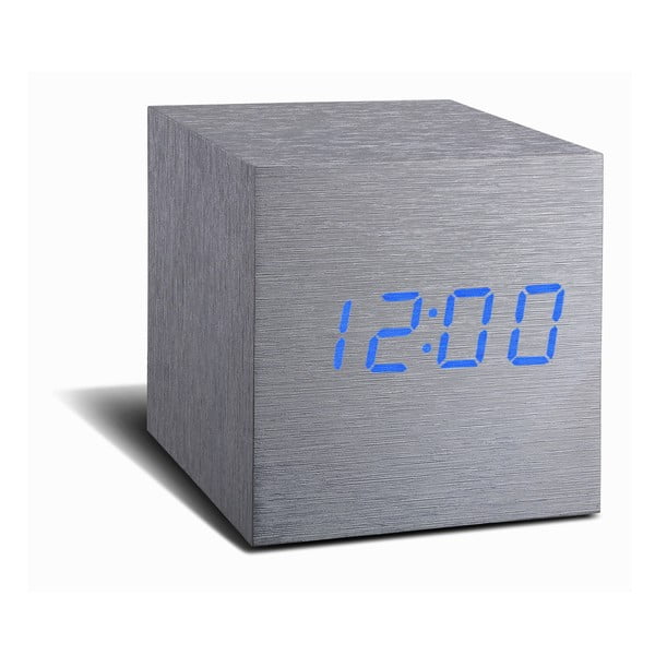 Pelēks modinātājs ar zilu LED displeju Gingko Cube Click Clock
