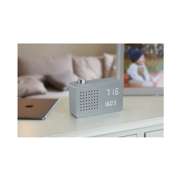 Pelēks modinātājs ar baltu LED displeju un radio Gingko Radio Click Clock-image-4