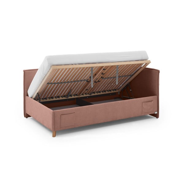 Rozā polsterēta stūra bērnu gulta ar veļas kasti ar redelēm 140x200 cm Fun – Meise Möbel-image-4