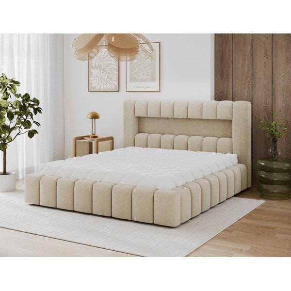 Bēša polsterēta divvietīga gulta ar veļas kasti un ar redelēm 160x200 cm Lamica – ELTAP-image-2