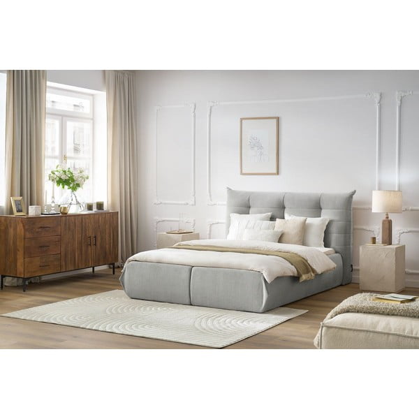 Gaiši pelēka polsterēta divvietīga gulta ar veļas kasti un režģi 160x200 cm Clothilde – Bobochic Paris-image-1