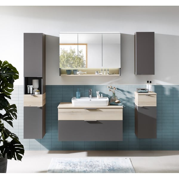 Pelēks/dabīga toņa zems/piekarams vannas istabas skapis ar priedes koka imitāciju 72x30 cm Quickset 394 – Pelipal-image-1