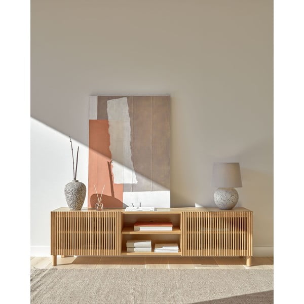 Dabīga toņa TV galdiņš ar ozolkoka imitāciju 180x50 cm Beyla – Kave Home-image-1