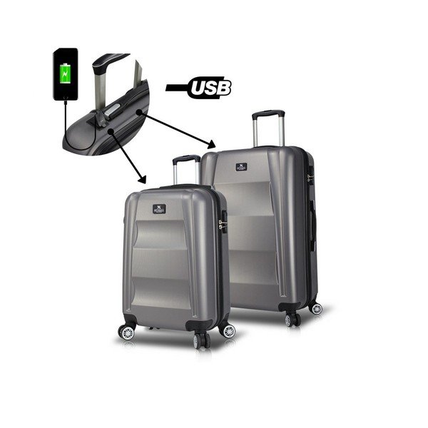 2 pelēku ceļojuma koferu komplekts uz riteņiem ar USB pieslēgvietām My Valice LASSO Cabin & Medium-image-2
