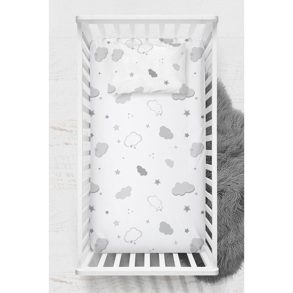 Balts bērnu palaga un spilvendrānas komplekts no ranforce kokvilnas ar gumiju 70x120 cm Bulut – Mijolnir-image-1