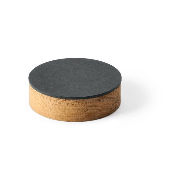 Antracīta pelēka/dabīga toņa dekoratīva koka/ekoloģiskās ādas uzglabāšanas kaste ar vāku ø 11x3,5 cm Circle Nupo – LIND DNA