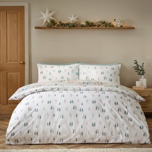Dabīga toņa divguļamā flaneļa gultas veļa 230x220 cm Brushed Christmas Deer – Catherine Lansfield-image-1