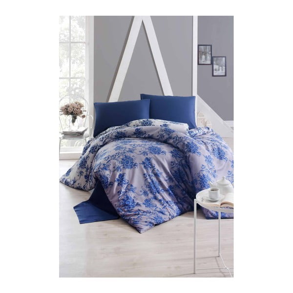 Kokvilnas satīna gultasveļa ar palagu divguļamai gultai Monica Blue, 200 x 220 cm