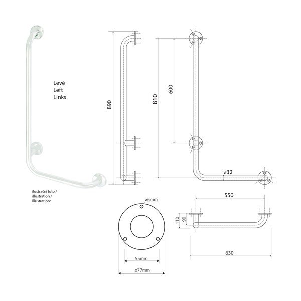 Nerūsējošā tērauda sienas vannas istabas drošības rokturis 63 cm Handicap Left – Sapho-image-2