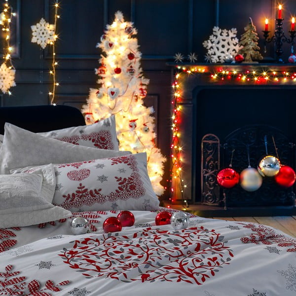 Kokvilnas gultasveļa ar palagu divguļamai gultai Snowtime Red, 200 x 220 cm