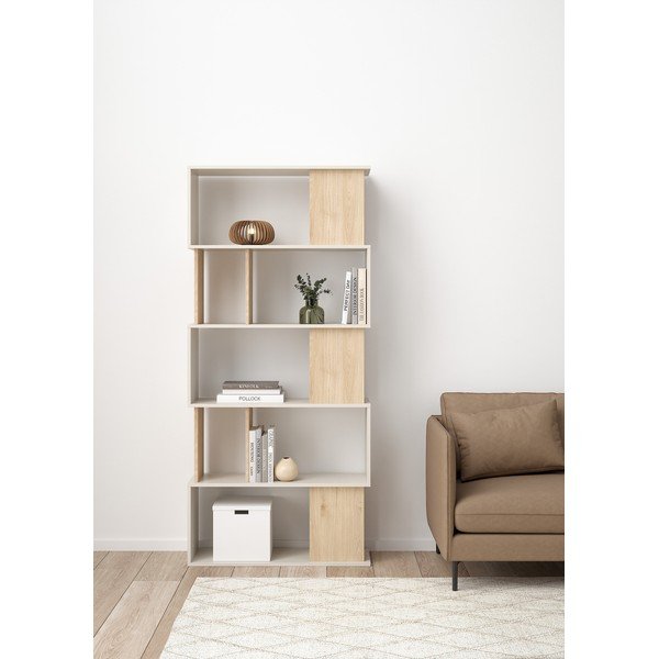 Krēmkrāsas grāmatplaukts ar ozolkoka imitāciju 80x173,5x29,5 cm Maze – Tvilum-image-1