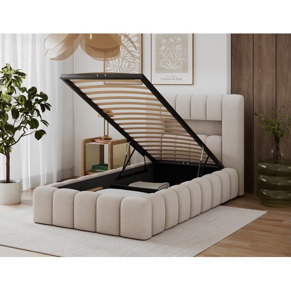 Bēša polsterēta vienvietīga gulta ar veļas kasti ar redelēm 90x200 cm Lamica – ELTAP-image-4