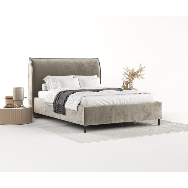 Bēša polsterēta divvietīga gulta ar veļas kasti un redelēm 140x200 cm Shell – Maison de Rêve-image-1