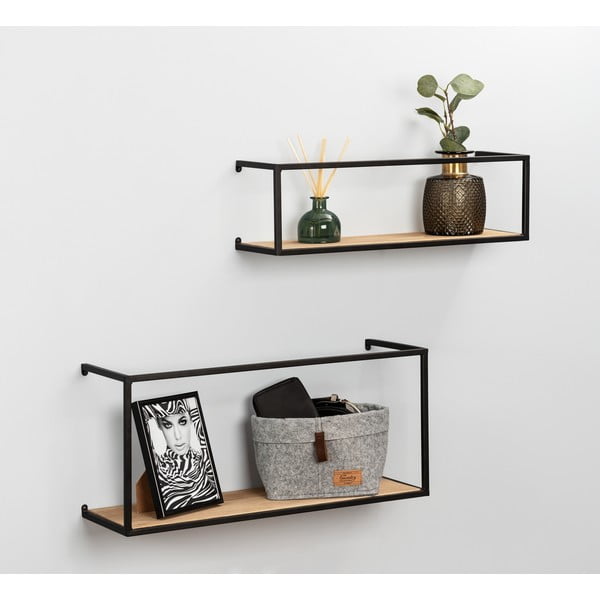 2 plauktu komplekts no priedes koka un melnas metāla konstrukcijas Wenko Pieces, garums 55 cm-image-1