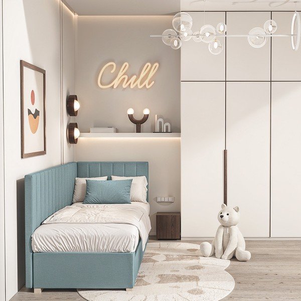 Zila stūra bērnu gulta ar veļas kasti ar matraci 90x200 cm Snugi – Ghado-image-1