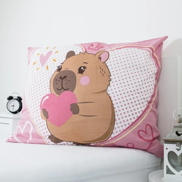 Rozā vienguļamā kokvilnas bērnu gultas veļa 140x200 cm Kapybara Heart – Jerry Fabrics-image-3