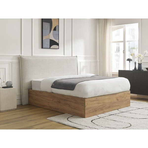 Krēmkrāsas polsterēta polsterēta/no skaidu plāksnēm divvietīga gulta ar veļas kasti ar redelēm 160x200 cm Charlie – Bobochic Paris-image-2