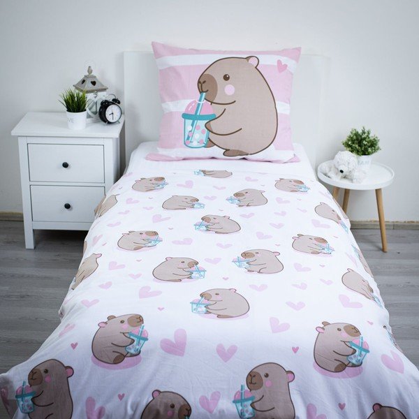 Rozā vienguļamā kokvilnas bērnu gultas veļa 140x200 cm Kapybara – Jerry Fabrics-image-2