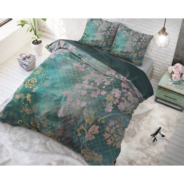 Zaļa kokvilnas vienvietīga gultasveļa Pure Cotton Tiran Flower, 140 x 200 cm-image-1