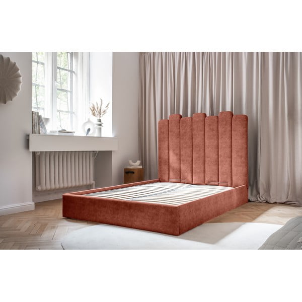 Ķieģeļu sarkana mīkstā divvietīga gulta ar krātuvi un režģi 160x200 cm Dreamy Aurora – Miuform-image-1