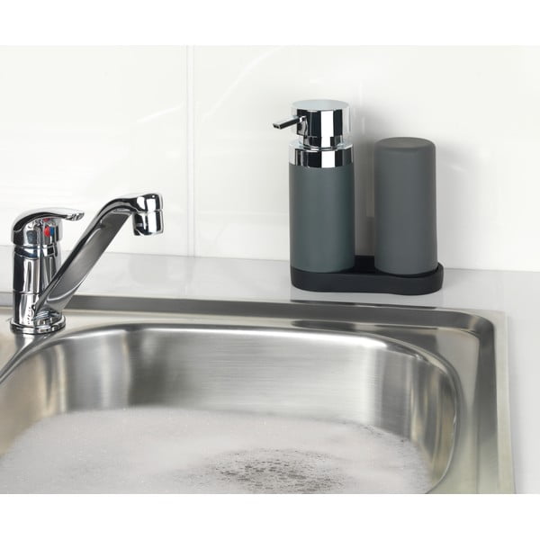 2 pelēku mazgāšanas līdzekļu dozatoru komplekts ar paliktni Wenko Squeeze, 250 ml-image-2