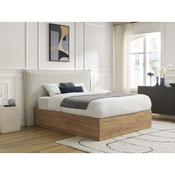 Krēmkrāsas polsterēta polsterēta/no skaidu plāksnēm divvietīga gulta ar veļas kasti ar redelēm 180x200 cm Charlie – Bobochic Paris-image-4