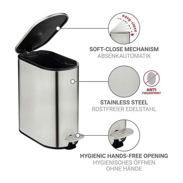 Matētas sudraba krāsas nerūsējošā tērauda atkritumu tvertne ar pedāli 5 l Collungo – Wenko-image-3