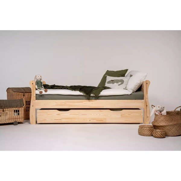 Dabīga toņa priedes masīvkoka izvelkama bērnu gulta ar veļas kasti un redelēm 90x190 cm Roma – Adeko-image-2