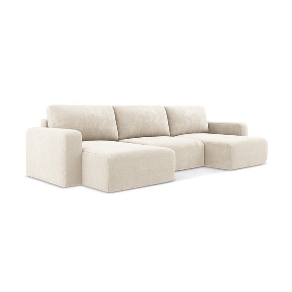 Krēmkrāsas salokāms (U veida) stūra dīvāns no šenila auduma ar uzglabāšanas vietu Kona – Makamii-image-2