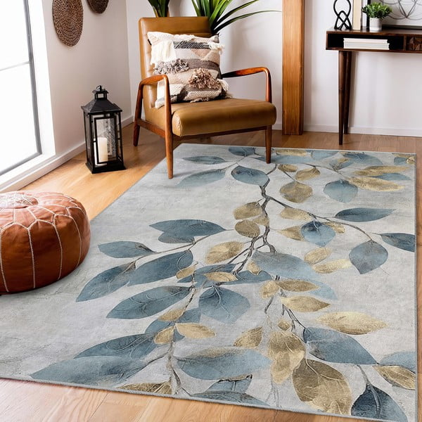 Gaiši zils/zelta krāsas mazgājams paklājs 160x230 cm Golden Leaves – Mila Home-image-1