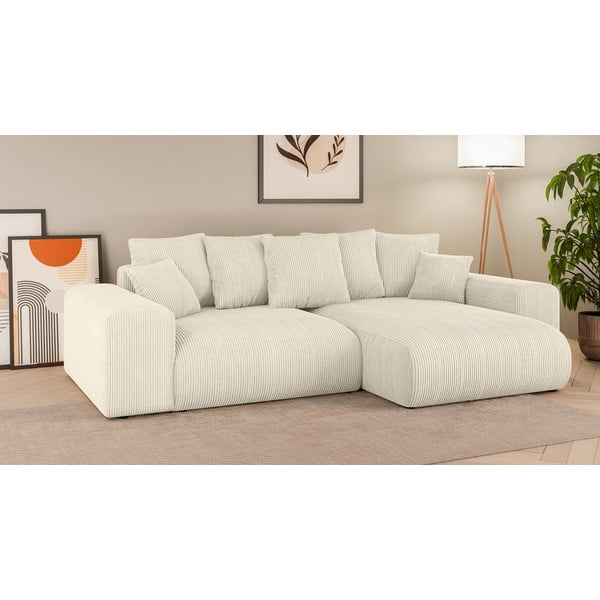 Krēmkrāsas velveta salokāms stūra dīvāns ar uzglabāšanas vietu (ar maināmu stūri) Luma – Ropez-image-1