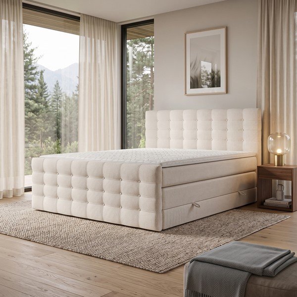 Krēmkrāsas atsperu gulta ar veļas kasti 160x200 cm Blend – Maison de Rêve-image-1