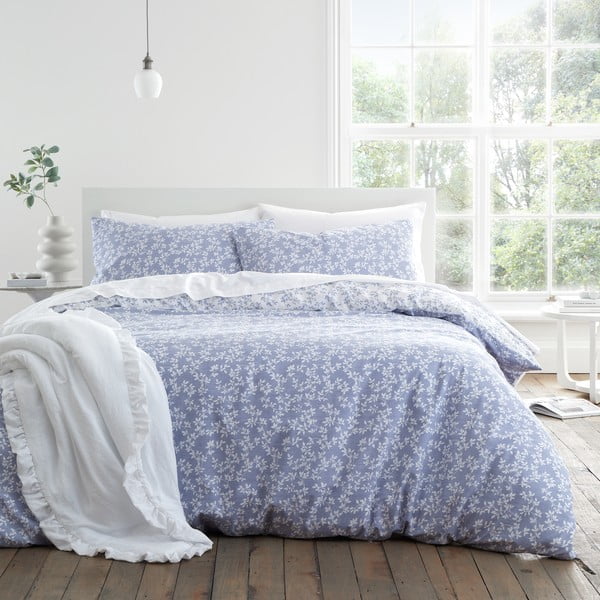 Balta/zila vienguļamā kokvilnas gultas veļa 135x200 cm Shadow Leaves – Bianca