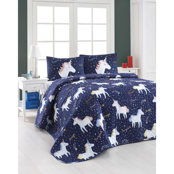 Stepēts gultas pārklājs un 2 spilvendrānu komplekts Eponj Home Magic Unicorn Dark Blue, 200 x 220 cm