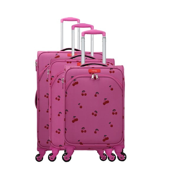 3 rozā bagāžas somu komplekts uz 4 riteņiem Lollipops Cherry